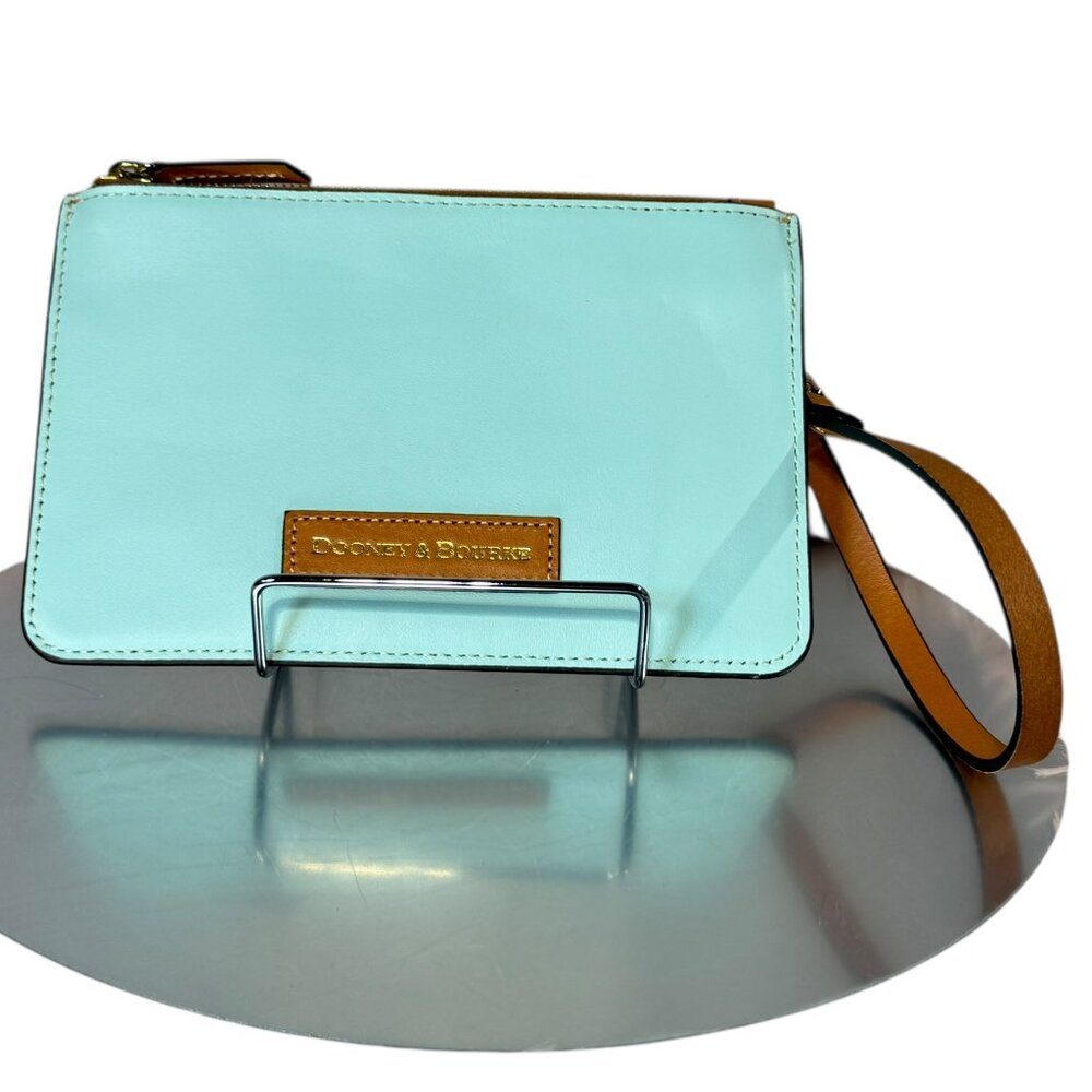 EUC Dooney & Bourke Large Clutch/Wristlet - light blue with brown strap